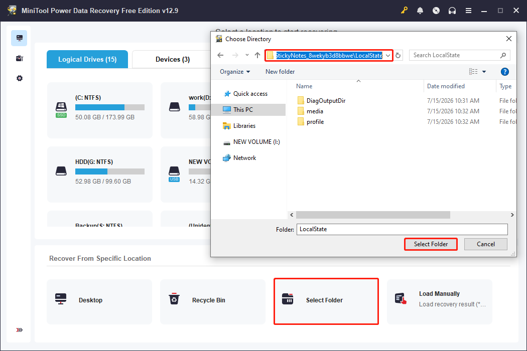 MiniTool Power Data Recovery main interface shows how to scan the LocalState folder.