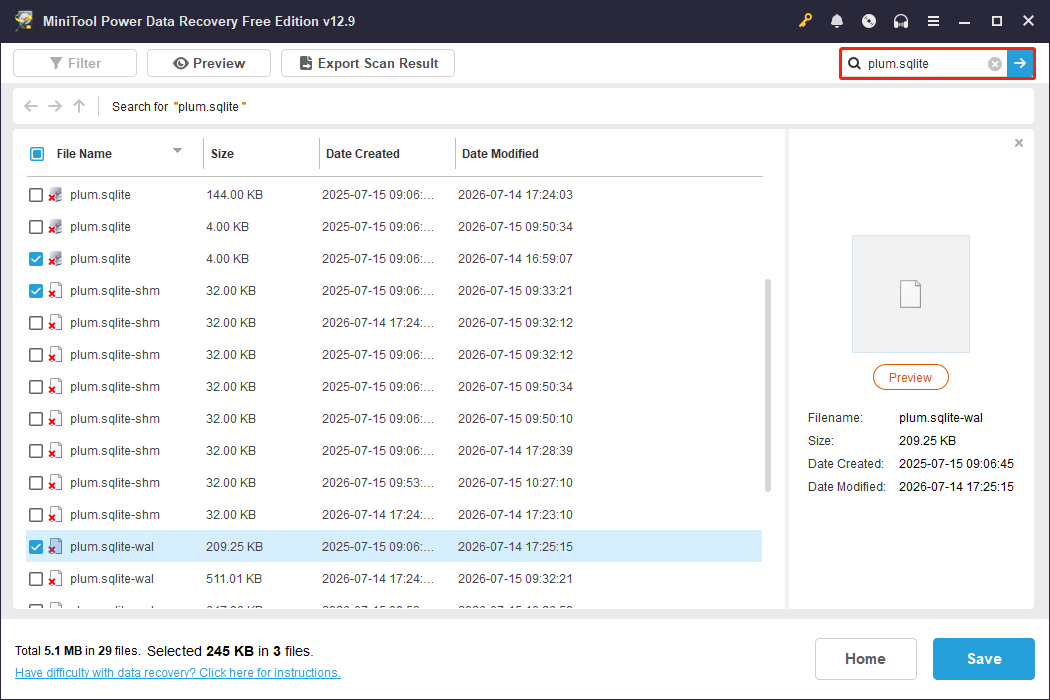 MiniTool Power Data Recovery interface shows the search results for the plum.sqlite file.