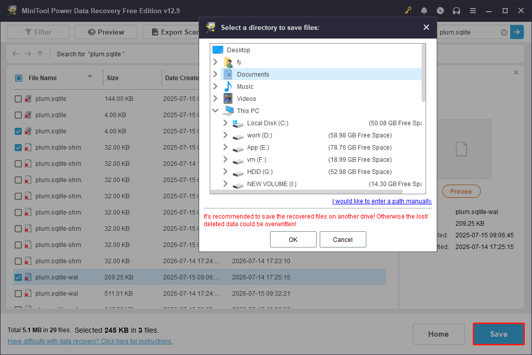MiniTool Power Data Recovery file saving interface with the Save button highlighted.