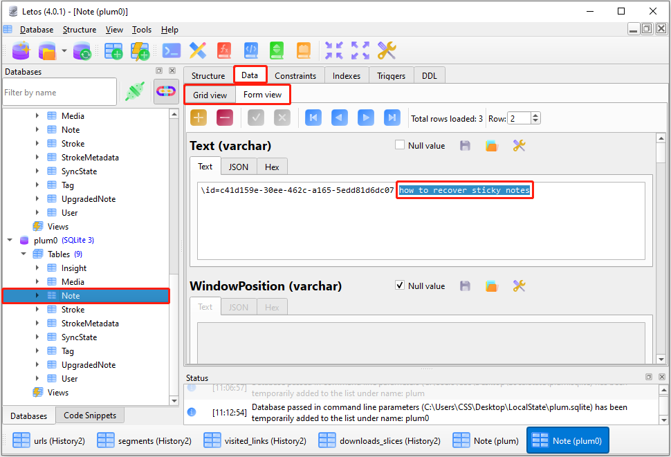 Letos interface showing the content of the database.
