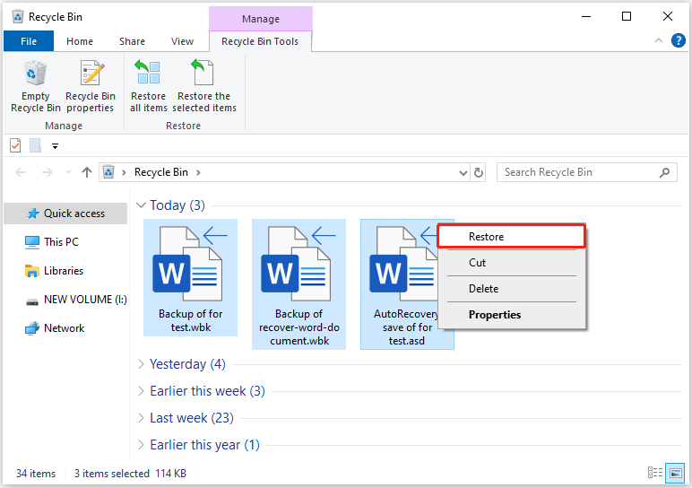 Recycle Bin interface shows deleted Word documents ready to be restored.