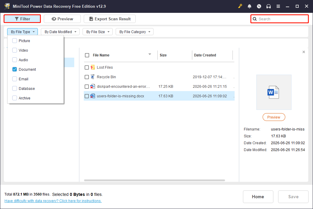 MiniTool Power Data Recovery scan results interface with the Filter and Search features highlighted.