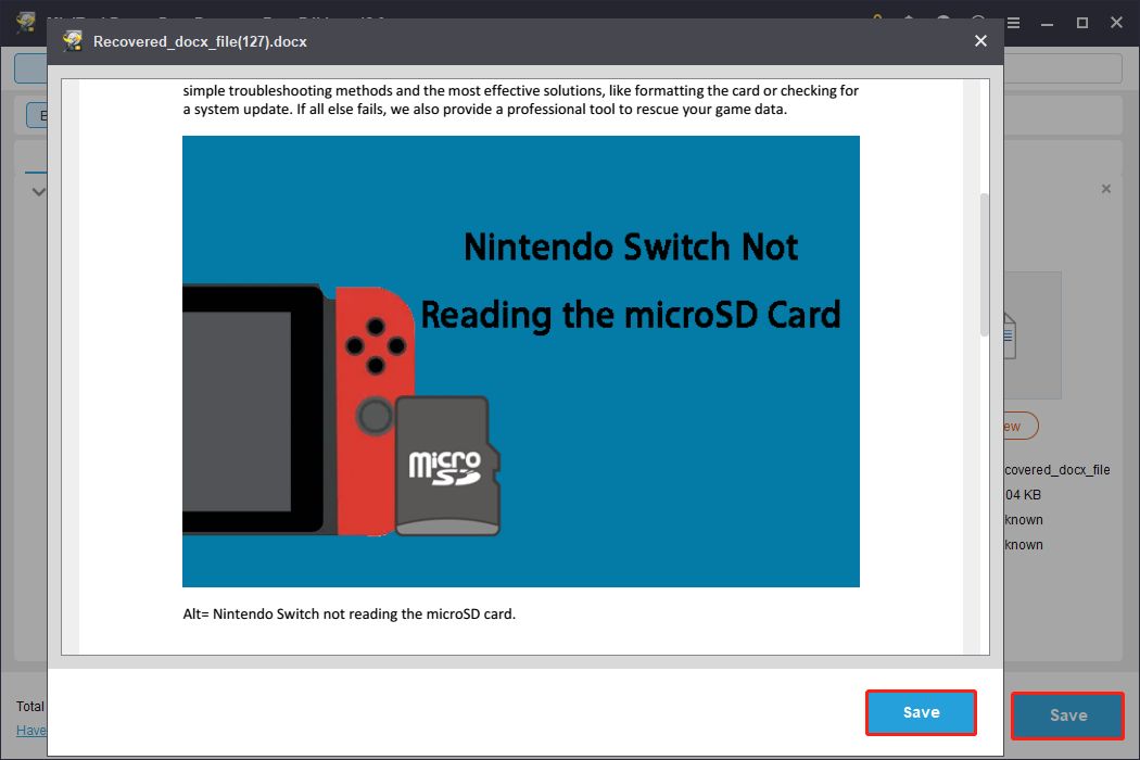 MiniTool Power Data Recovery file preview window shows the content of a Word document, with the Save button highlighted.