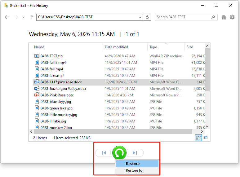 File History interface shows previous versions of files ready to be restored.