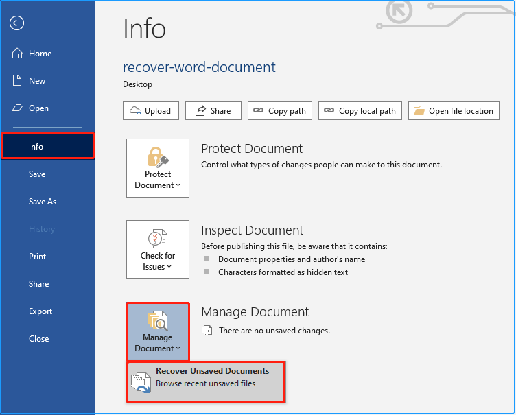 The Info tab in Microsoft Word shows the Manage Document and Recover Unsaved Documents options.