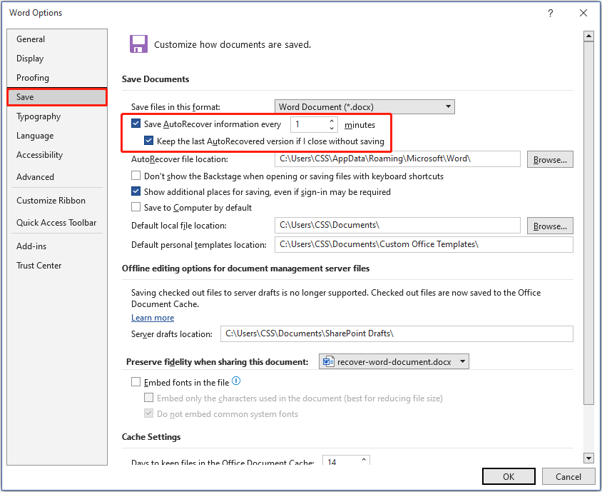 Word Options window shows the Save AutoRecover information every X minutes box in the Save section.