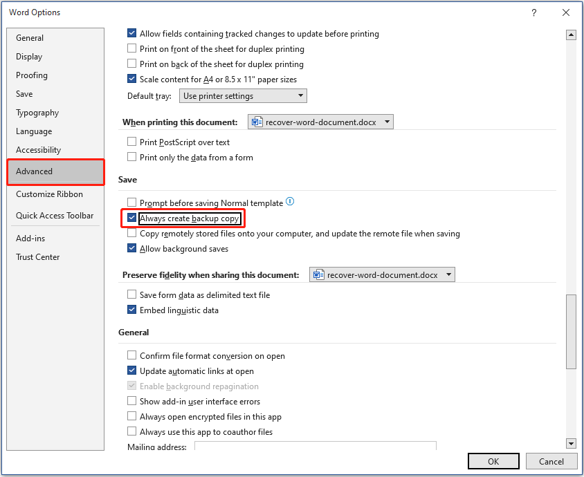 Word Options window shows the Always create backup copy option.