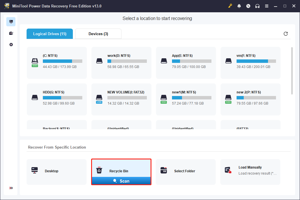 MiniTool Power Data Recovery main interface shows the Recycle Bin scan option.