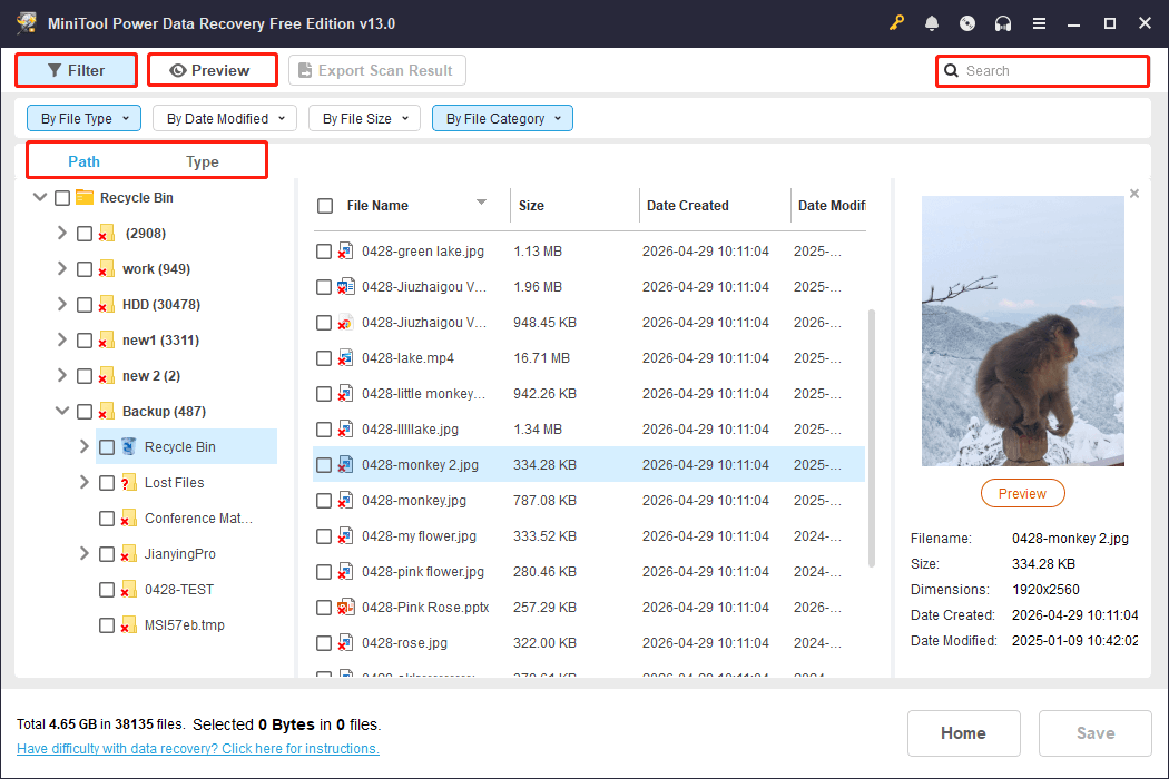 MiniTool Power Data Recovery interface showing the Path, Type, Filter, Search, and Preview features.