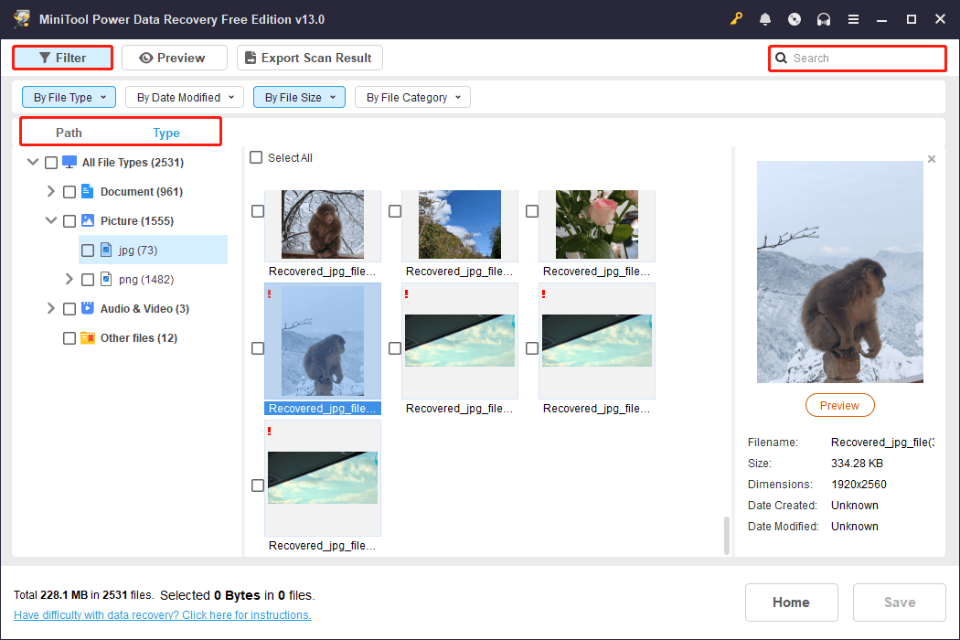 MiniTool Power Data Recovery interface shows scan results and the Path, Type, Filter, and Search features.