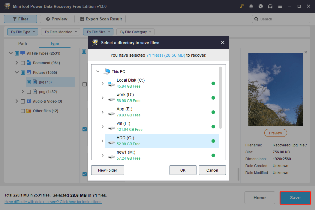 MiniTool Power Data Recovery interface shows the Save button and several storage paths.