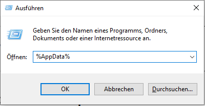 Die Oberfläche von „Ausführen“ mit der Verknüpfung zum AppData-Ordner.