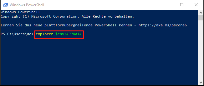 Die Oberfläche von Windows PowerShell mit einem Befehl für den AppData-Ordner.