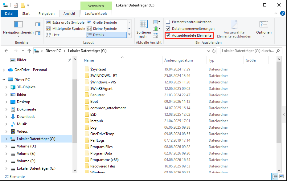 Die Oberfläche des Benutzerordners im Windows 10-Datei-Explorer mit aktivierter Option Ausgeblendete Elemente.