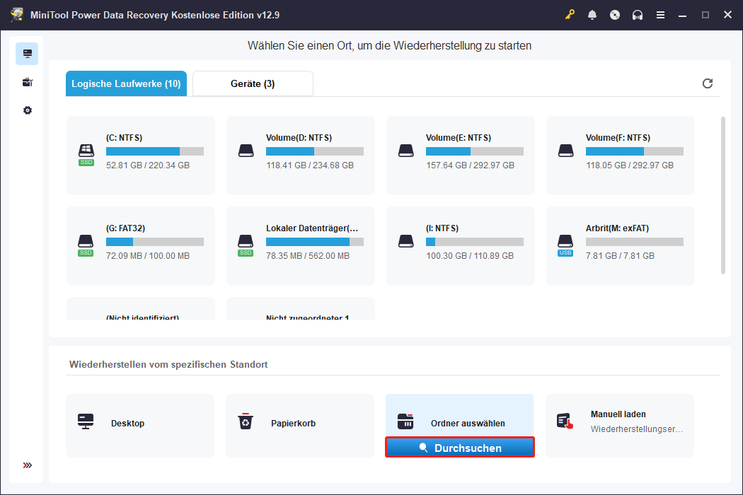 Die Benutzeroberfläche von MiniTool Power Data Recovery mit hervorgehobenem Ordner auswählen und ausgewähltem Durchsuchen.