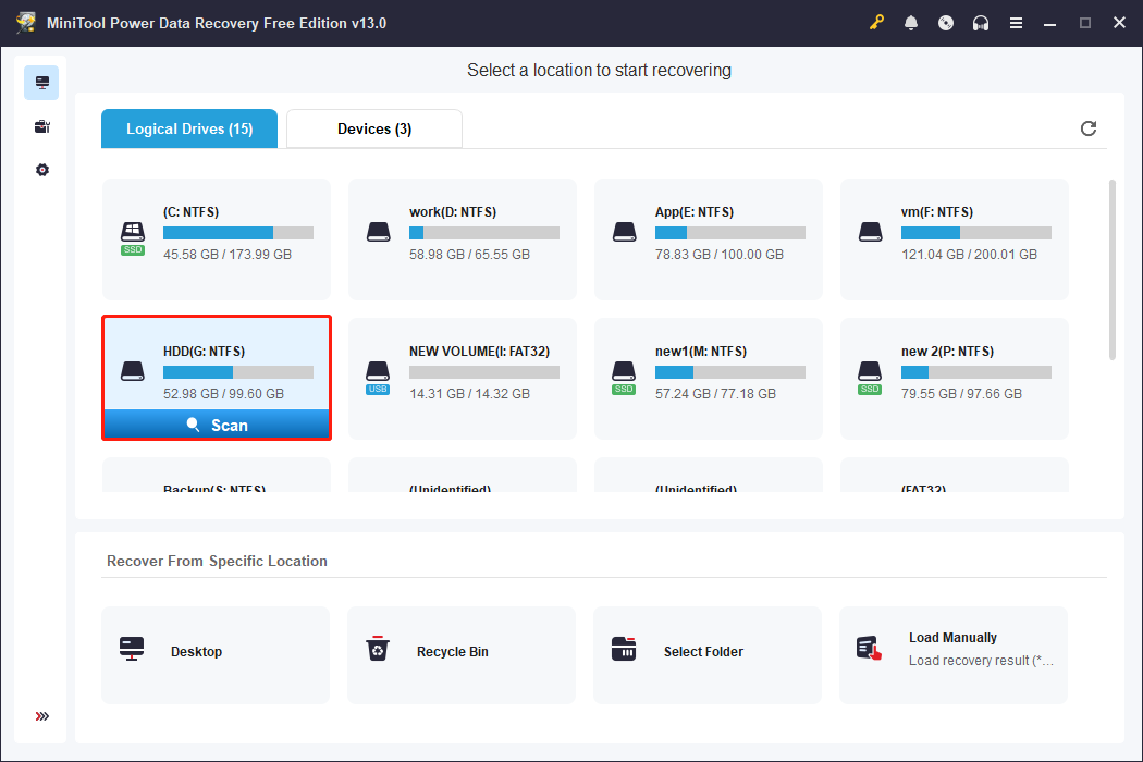 MiniTool Power Data Recovery interface shows the detected disk partitions to scan.
