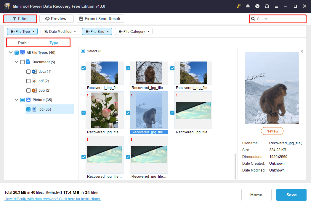 MiniTool Power Data Recovery interface shows the scan results and the Filter and Search features.