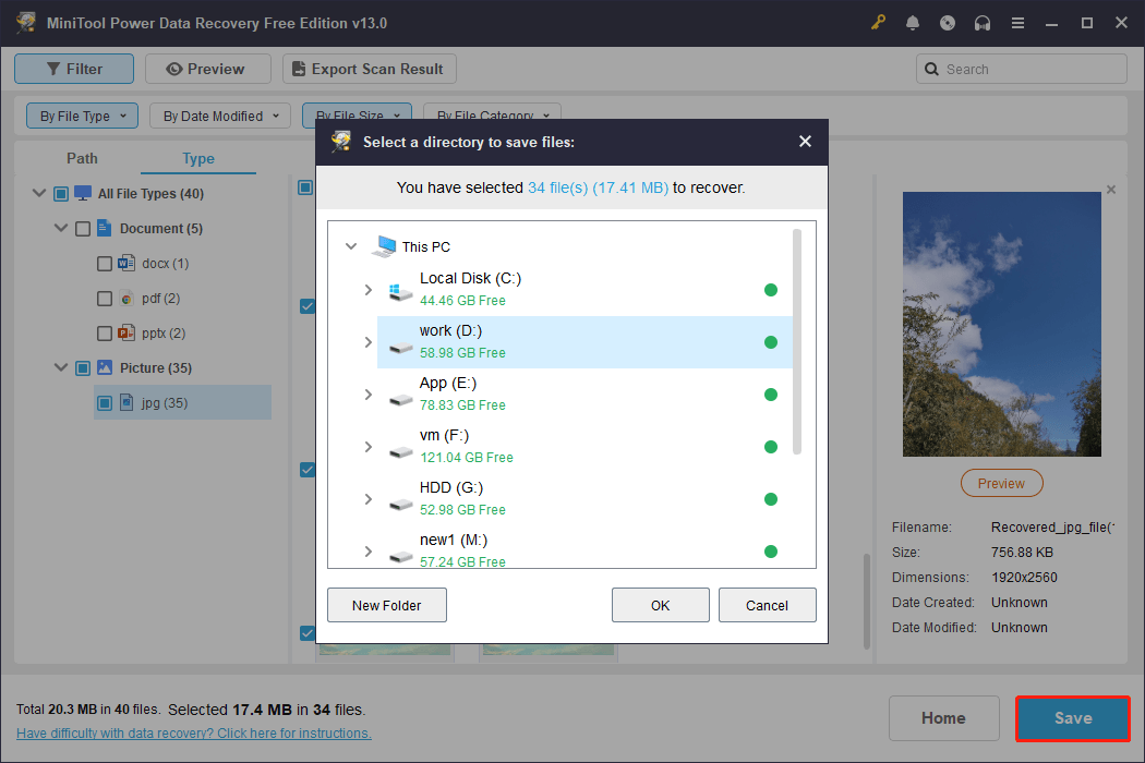 MiniTool Power Data Recovery interface shows the Save button and available storage paths.