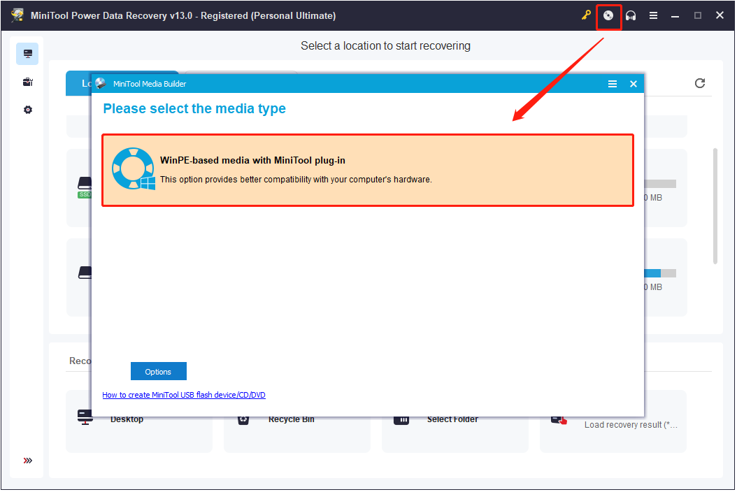 The interface of MiniTool Power Data Recovery with the selected Bootable Media Builder icon and the WinPE-based media with MiniTool plug-in option.