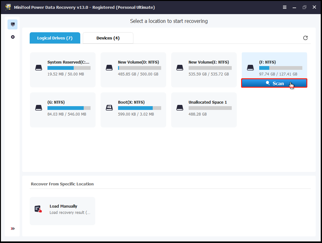 The interface of MiniTool Power Data Recovery with selected Scan.