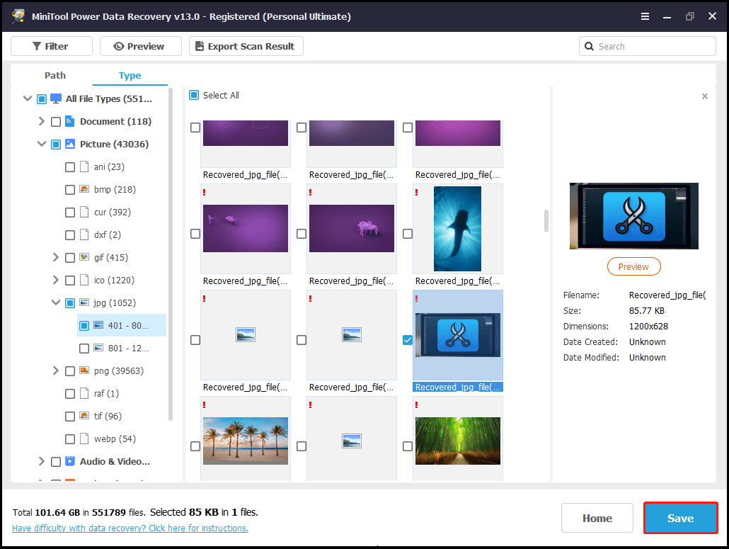 The interface of MiniTool Power Data Recovery with chosen files and selected Save.