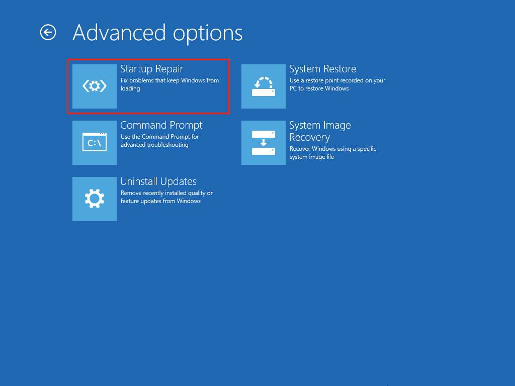 The screenshot of the selected Startup Repair option in Windows Recovery Environment.