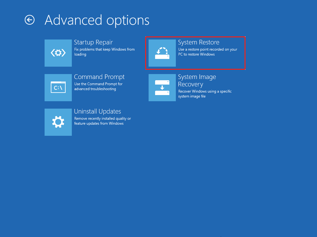 The Advanced options screen in WinRE with selected System Restore.