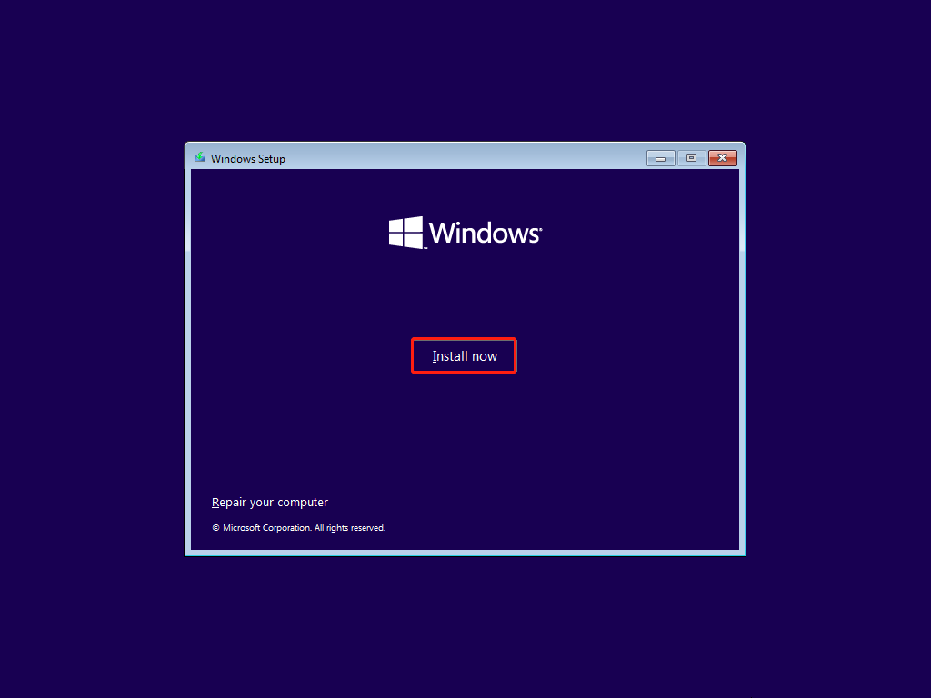 The interface of Windows Setup in WinRE with selected Install now.