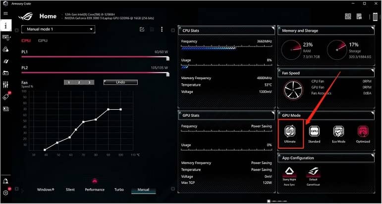 Armoury-Crate-Oberfläche mit den Leistungseinstellungen des Computers und hervorgehobenem Ultimate-GPU-Modus.