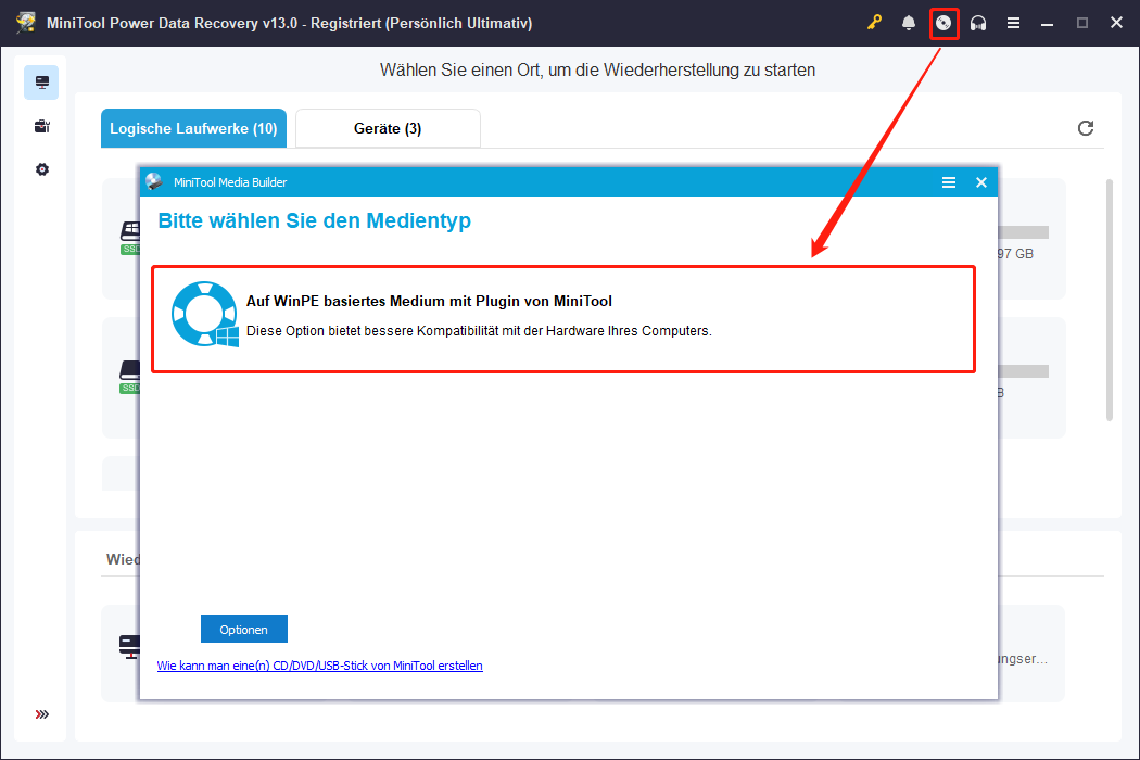 Die Hauptoberfläche von MiniTool Power Data Recovery zeigt die Funktion Bootfähiger Media Builder.