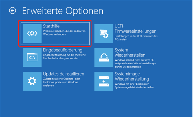 Die Oberfläche Erweiterte Optionen zeigt die Option Starthilfe.