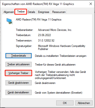 Das Eigenschaftenfenster der Grafikkarte zeigt die Option Vorheriger Treiber.