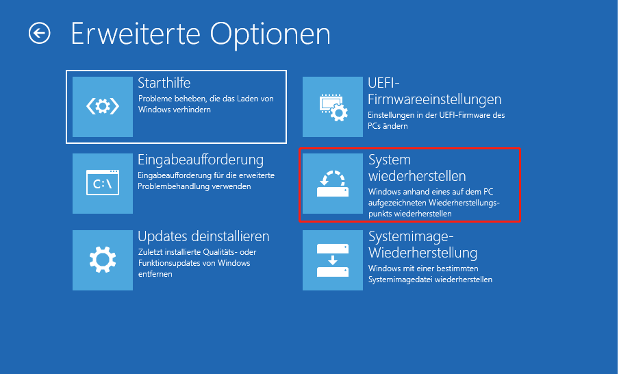Die Oberfläche Erweiterte Optionen zeigt die Option Systemwiederherstellung.