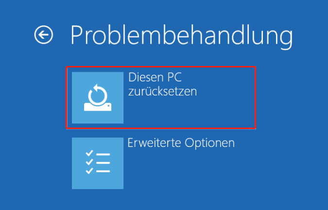 Die Oberfläche Problembehandlung zeigt die Option Diesen PC zurücksetzen.