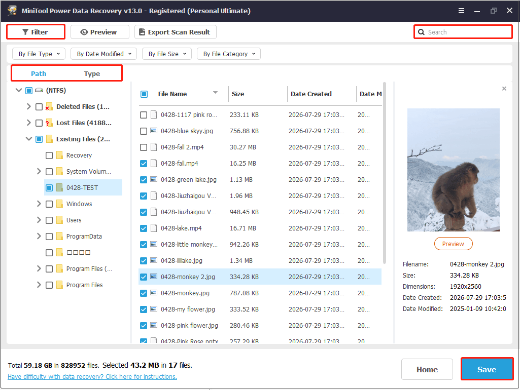 MiniTool Power Data Recovery interface shows the Path, Type, Filter, Search, and Save buttons.