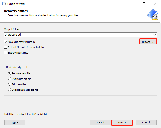 DiskInternals Linux Readerで出力フォルダーを選択する画面