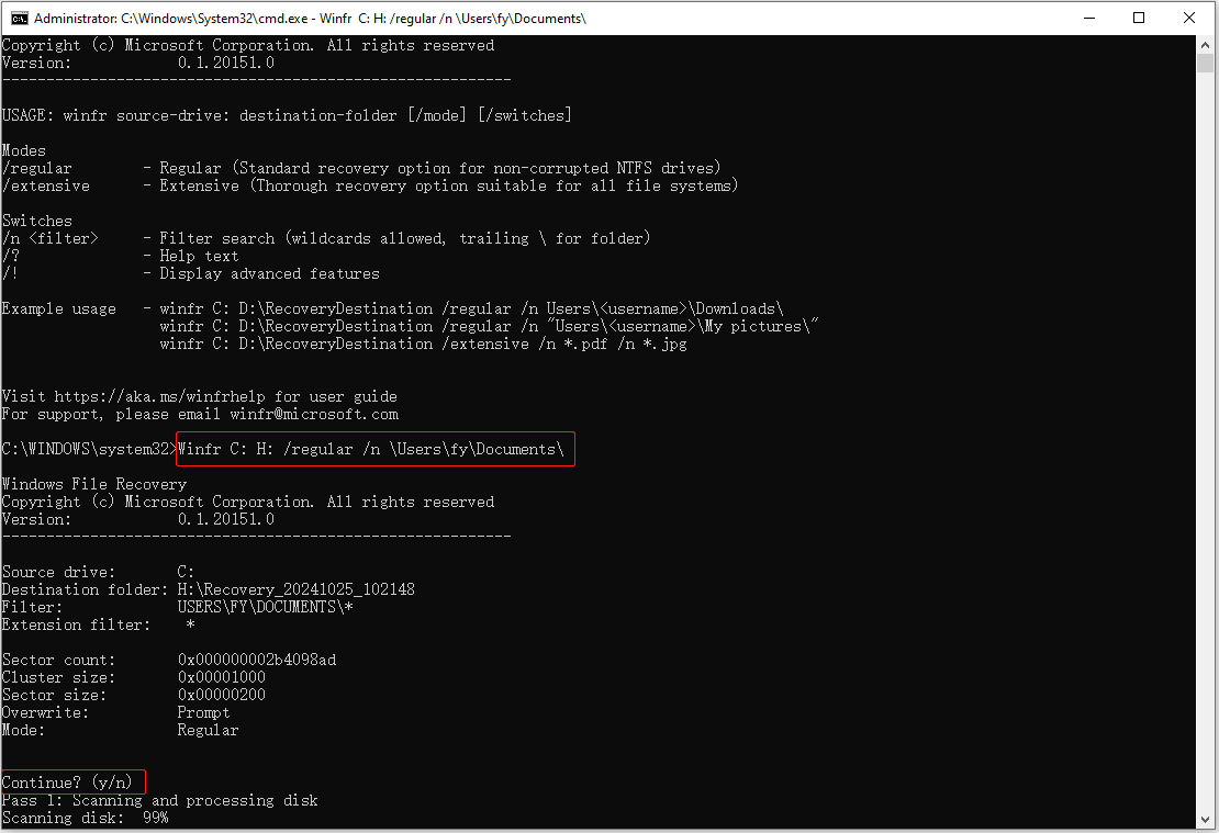 Windows File Recovery interface shows the Winfr command to recover files.