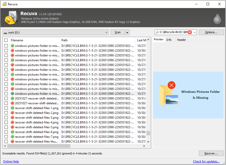 Recuva interface displaying scanned files with a preview pane on the right side.