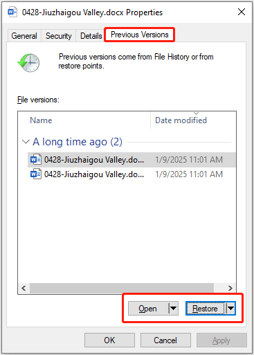 File properties window shows the options to open and restore previous versions of a file.