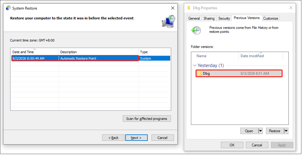 Illustration shows that the system restore point creation time matches the previous version creation time of system files.