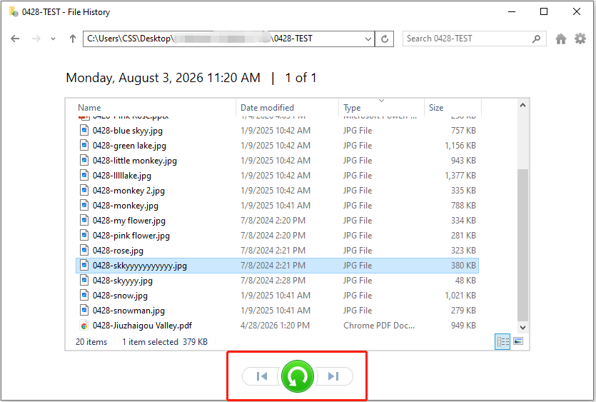 File History window shows previous versions of files and the green Restore button.