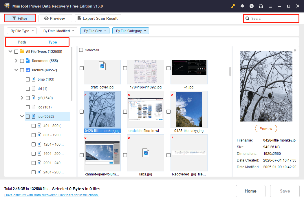 MiniTool Power Data Recovery interface shows the scan results, with Path, Type, Filter, and Search highlighted.
