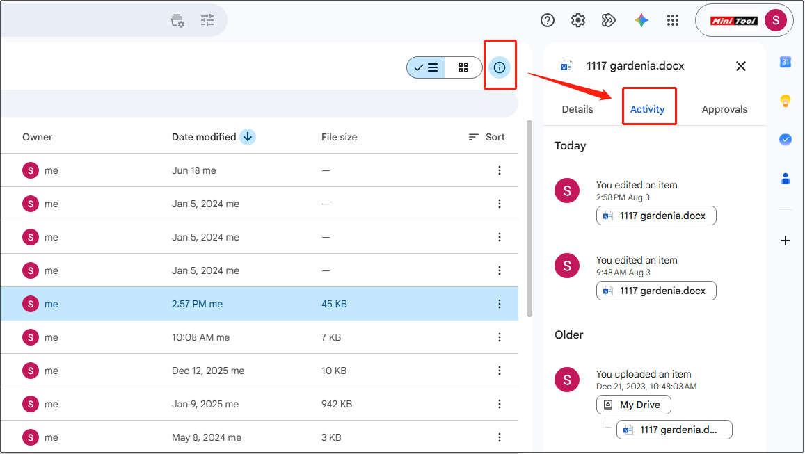 Google Drive interface shows the previous versions of a document under the Activity tab.