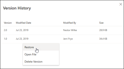 OneDrive Version History interface shows the Restore button to restore a previous version of a file.