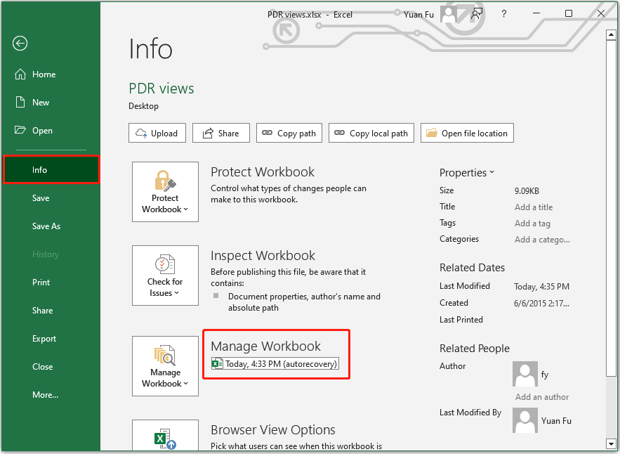Excel interface shows the previous AutoRecovery versions of the spreadsheet.