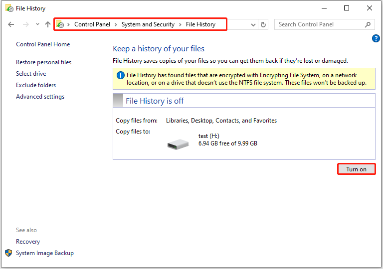 File History interface shows the button to enable the backup feature.