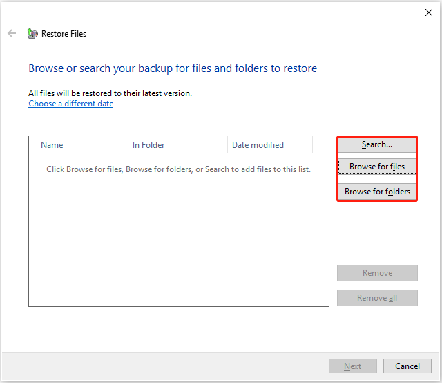 Restore Files interface shows the three options to search or browse files and folders.