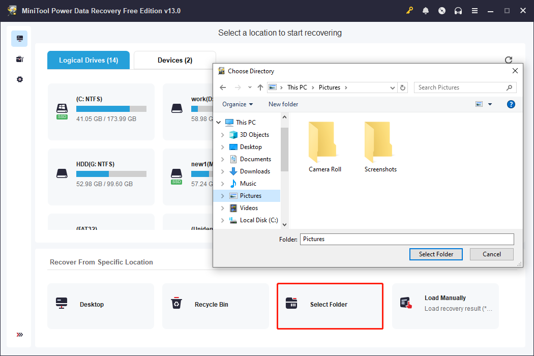 MiniTool Power Data Recovery main interface shows the Select Folder scan option.