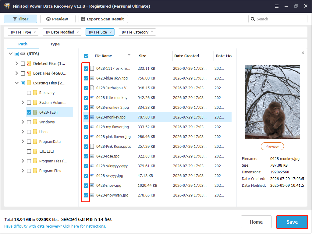 MiniTool Power Data Recovery interface shows the Save button and available storage paths.