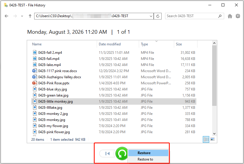 File History interface shows the available backup files and the restore options.